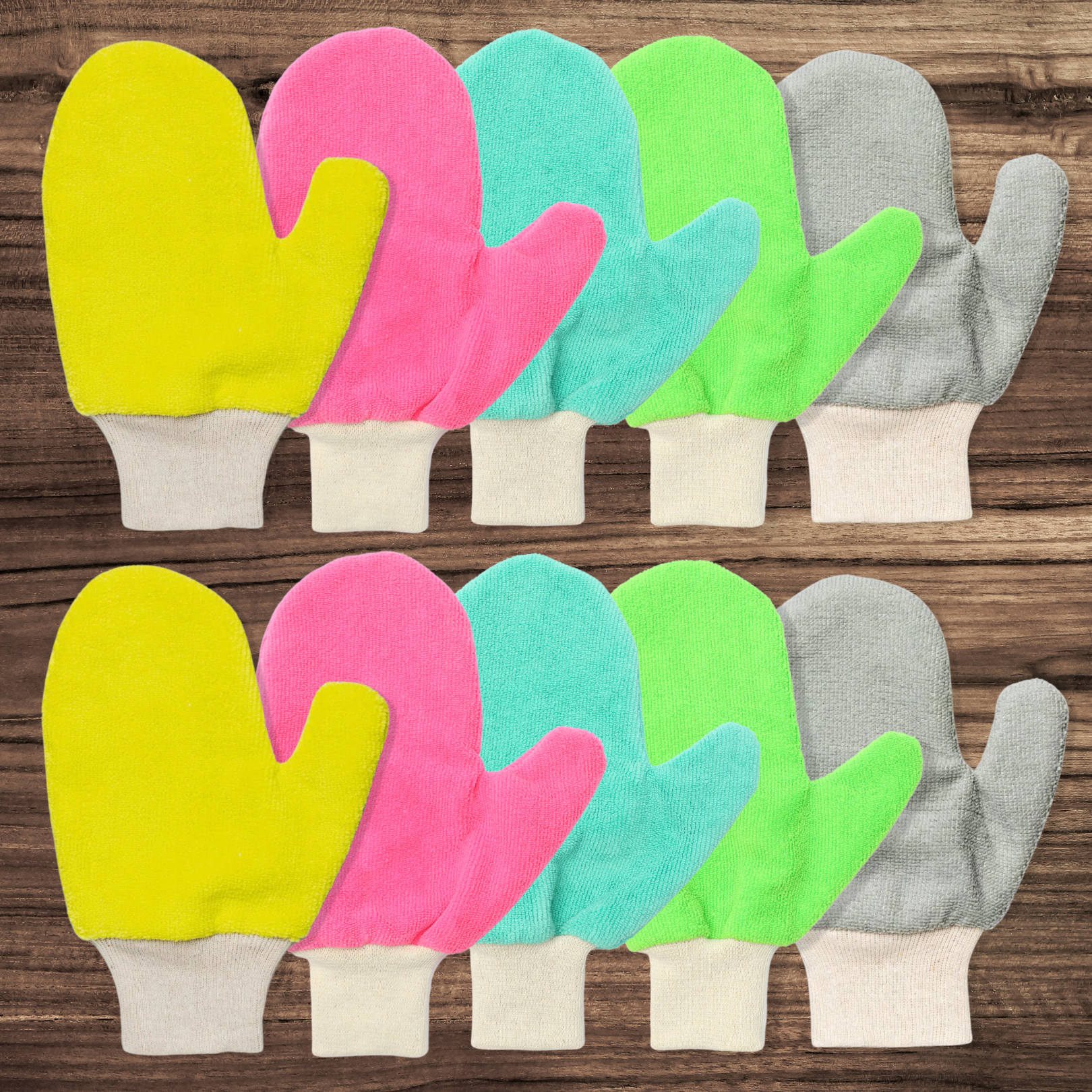 A yellow and a grey oven mitt on wooden background.