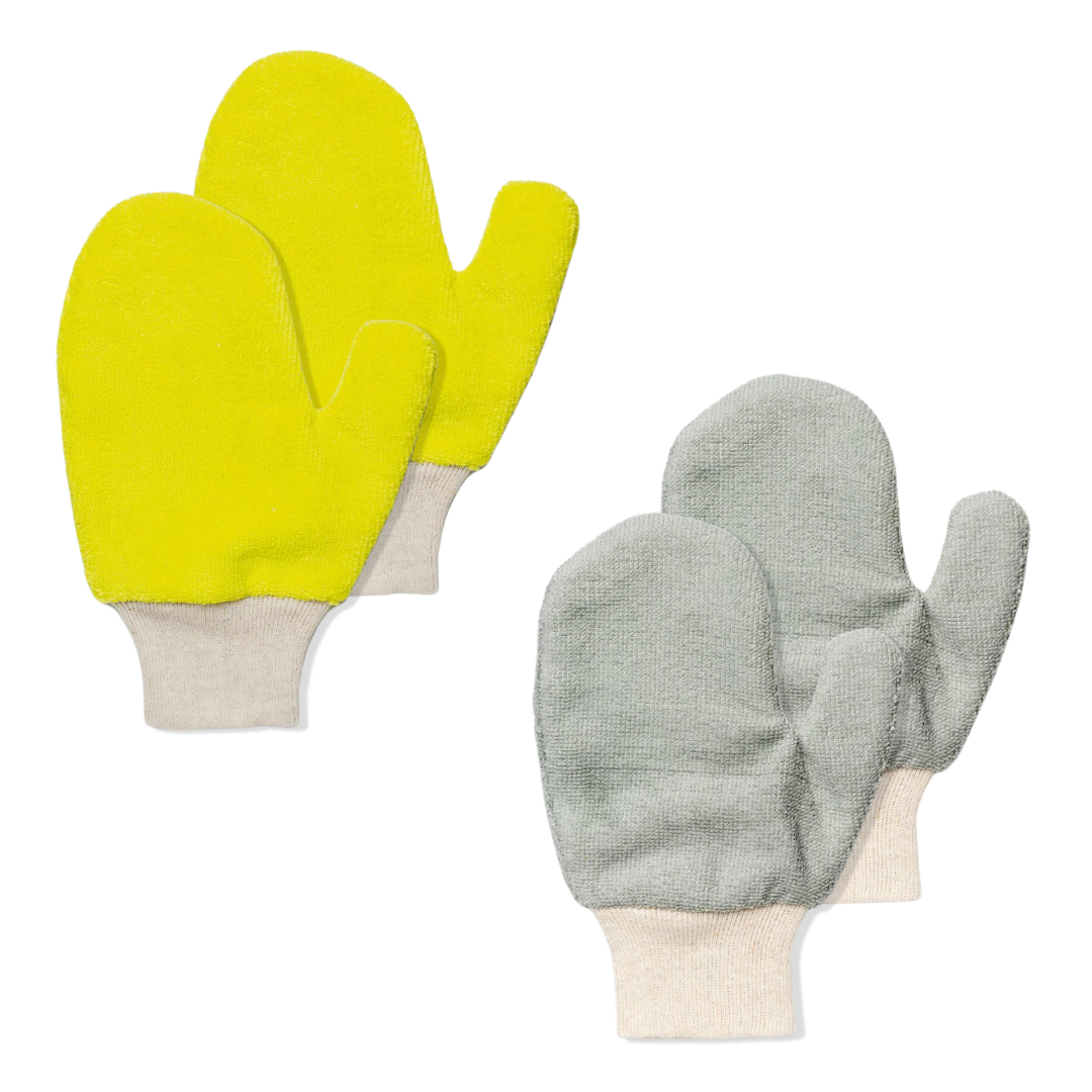 A pair of work gloves, one yellow and one grey, isolated on a white background.