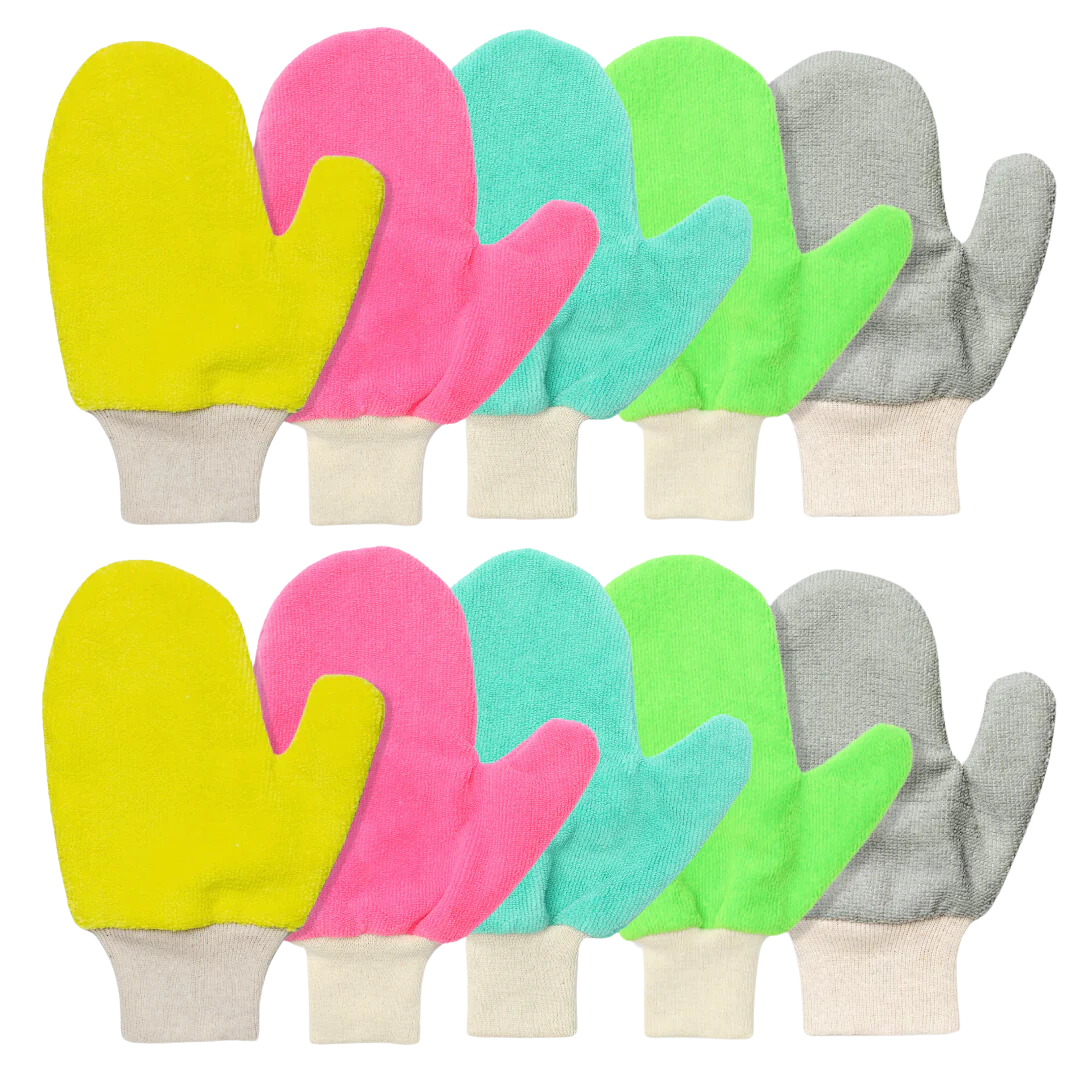 A yellow and a grey oven mitt on wooden background.