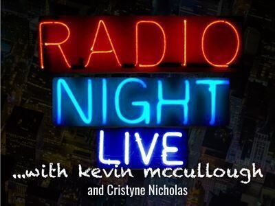 'Radio Night Live with Kevin McCullough and Cristyne Nicholas neon sign.'