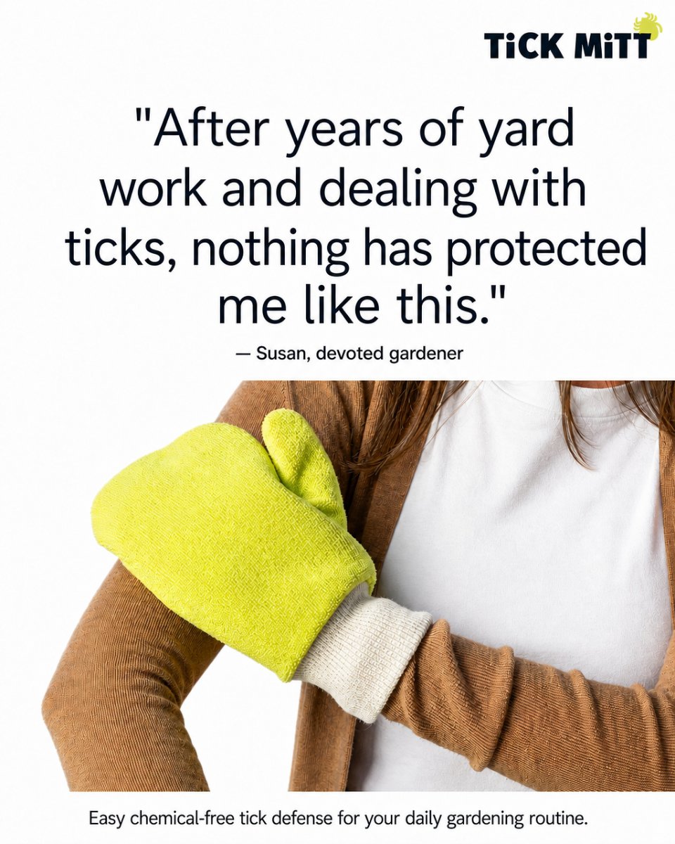 Susan, devoted gardener, wiping her arm with TiCK MiTT